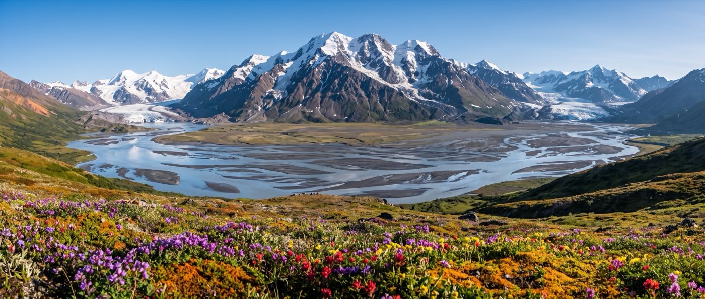Spring wildflowers below snow-dusted mountains and a glacial river